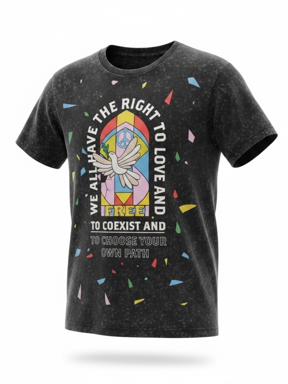 Black Graphic Short-Sleeve Tee with Colorful Peace Design